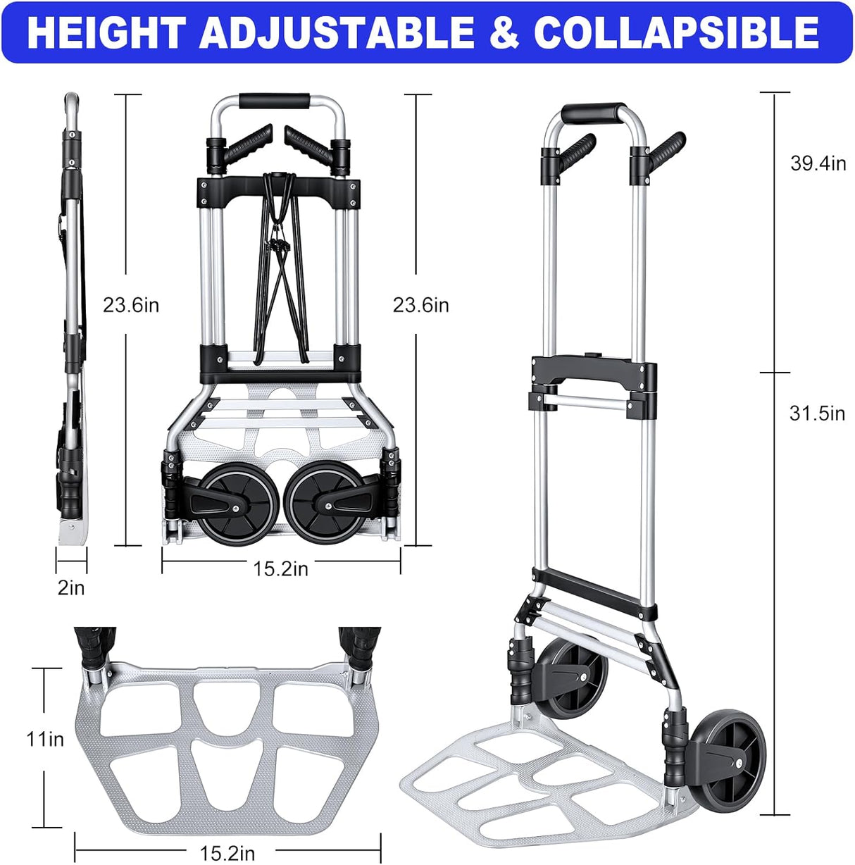 Carretilla Plegable de Aluminio, Carga 300 lbs, con Cordón Bungee