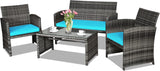 Goplus Juego de muebles de ratán de 4 piezas, sofá de conversación de mimbre para exteriores con cojines resistentes a la intemperie y mesa de vidrio templado para césped, patio, piscina, jardín (turquesa)