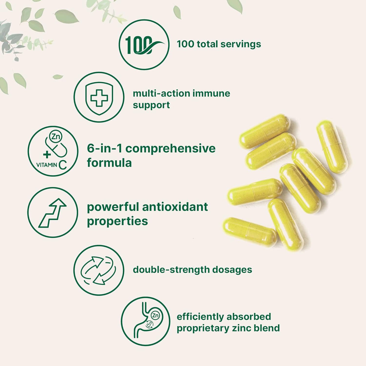Suplementos con zinc y vitamina C 200 cápsulas inmunológico