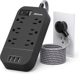 Regleta de alimentación – Cable de extensión de enchufe plano de 10 pies de largo, 6 tomacorrientes, 3 puertos USB, extensor de salida con protección contra sobrecarga, montaje en pared, estación de