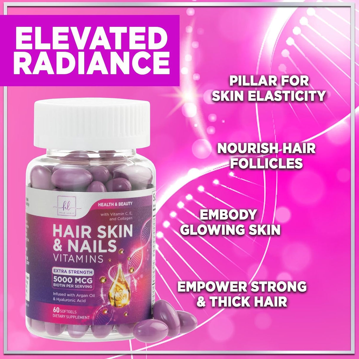 Vitaminas para cabello, piel y uñas - Biotina 5000mcg, 60 cápsulas