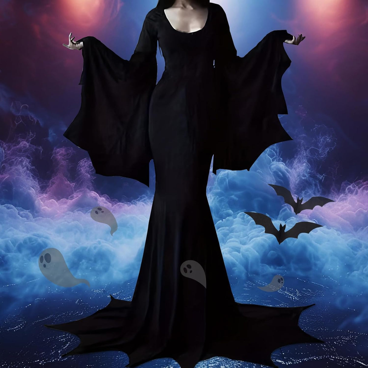 Disfraz Morticia YOGFIT con mangas de murciélago para Halloween