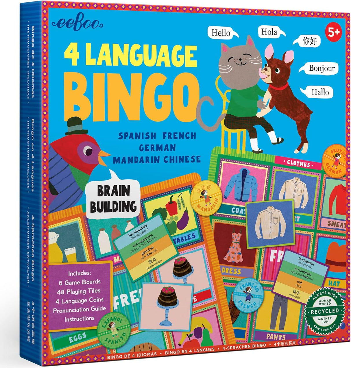 Juego de Bingo de Idiomas eeBoo: Español, Francés, Alemán, Chino