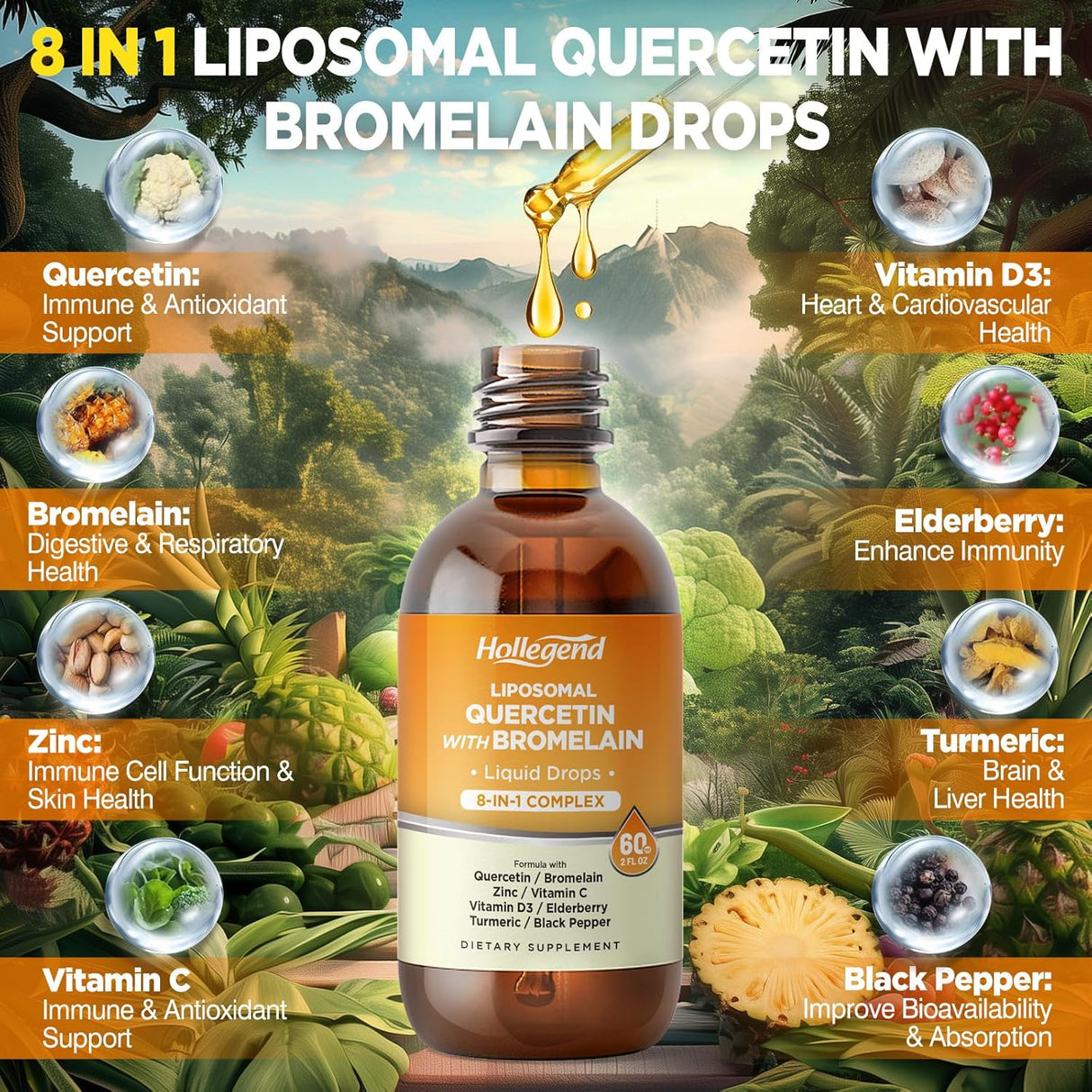 Liposomal Quercetina con Bromelina, 8 en 1, 2oz