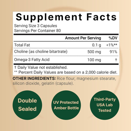 Suplemento de Colina 500mg con Omega-3, 240 cápsulas