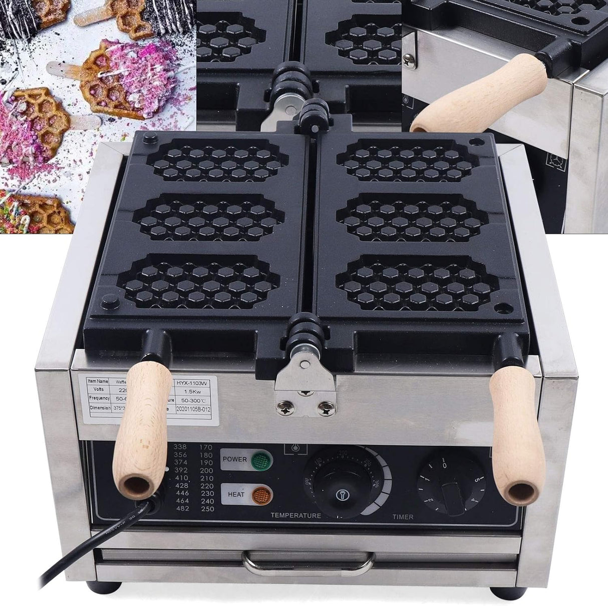 Máquina de Waffles Eléctrica 1500W, Honeycomb, 110V
