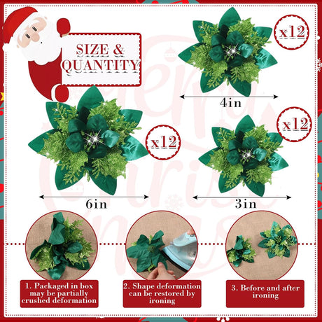 Flores Poinsettia Artificiales Glitter para Navidad, 36 Pcs