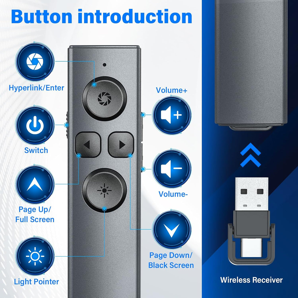 Presentador Inalámbrico USB-C, Recargable, Control Volumen, PPT