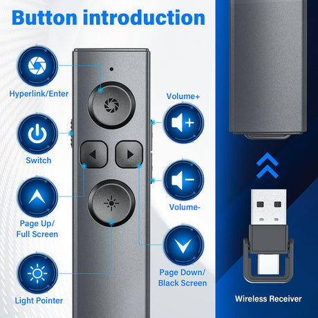 Presentador Inalámbrico USB-C, Recargable, Control Volumen, PPT