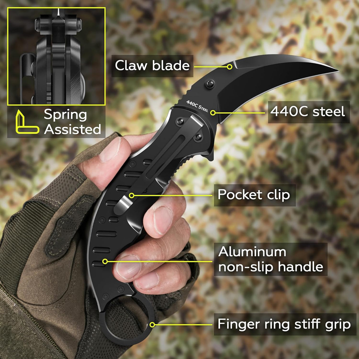 Cuchillo Karambit Táctico de Resorte para Caza y Camping
