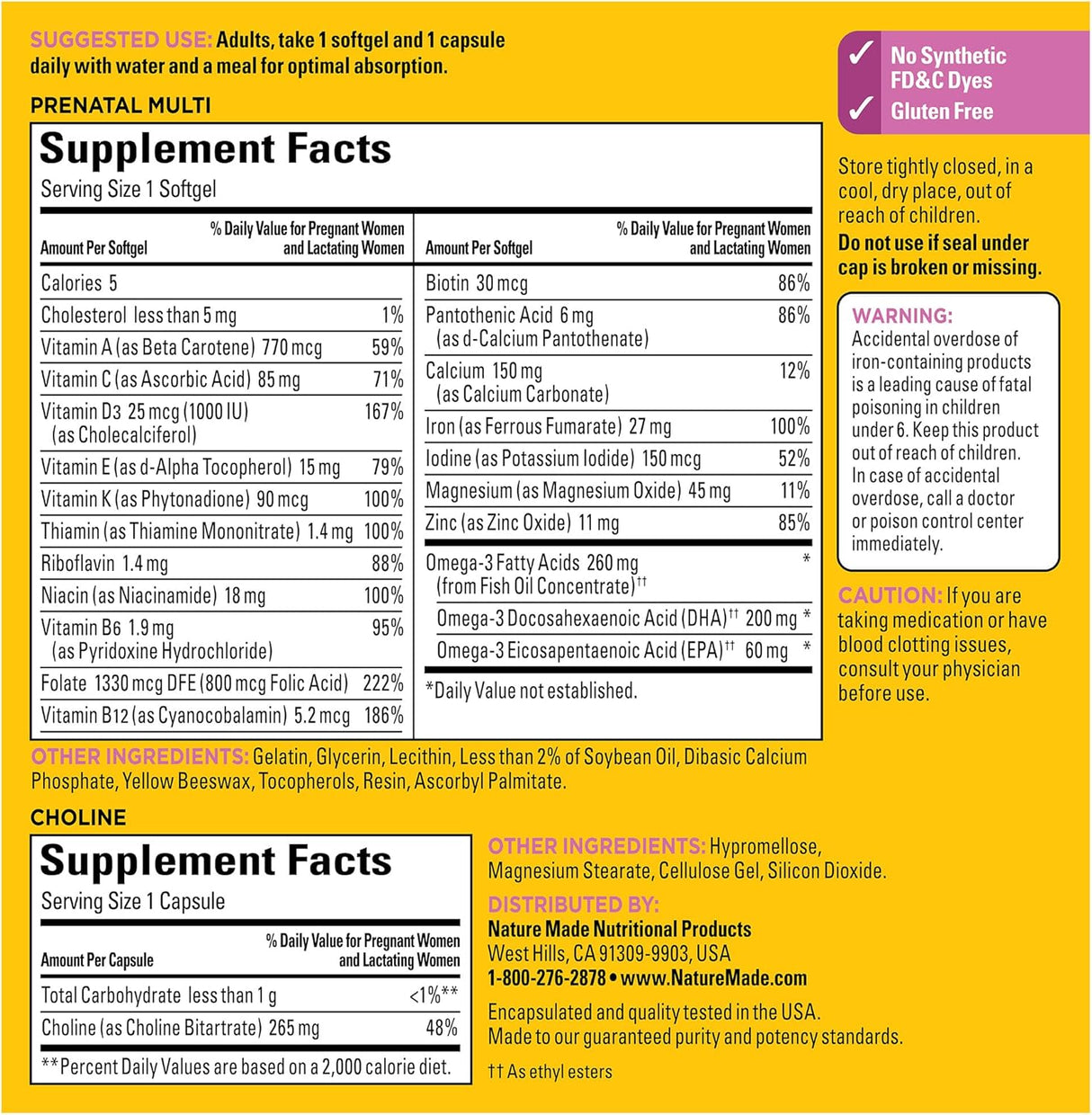 Suplemento prenatal Nature Made con Ácido Fólico, DHA y Colina, 60 cápsulas