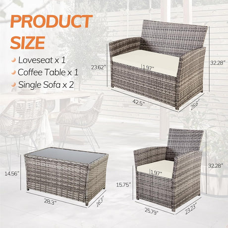 Seogwisam Juego de muebles de patio de 4 piezas, juegos de conversación de mimbre para exteriores, sofá seccional de ratán con mesa de café, cojines de asiento para patio trasero, porche, jardín,