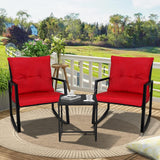 SUNCROWN Juego de 3 piezas de bistró mecedora para exteriores, muebles de mimbre negro, sillas de porche, juegos de conversación con mesa de café de cristal, color rojo
