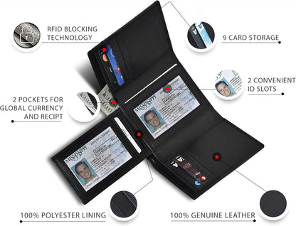 Billetera de Piel Trifold para Hombre - RFID, 9 Tarjetas, 2 ID