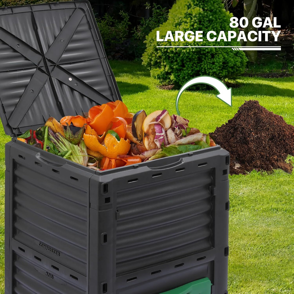 Compostador MoNiBloom 80 Gal, BPA Free, Rotatorio, Exterior