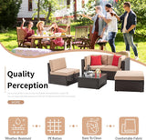 Shintenchi Juego de muebles de patio de 5 piezas para exteriores para todo tipo de clima, juego de sofá seccional de ratán de polietileno con mesa de cristal, cojín otomano y almohadas rojas