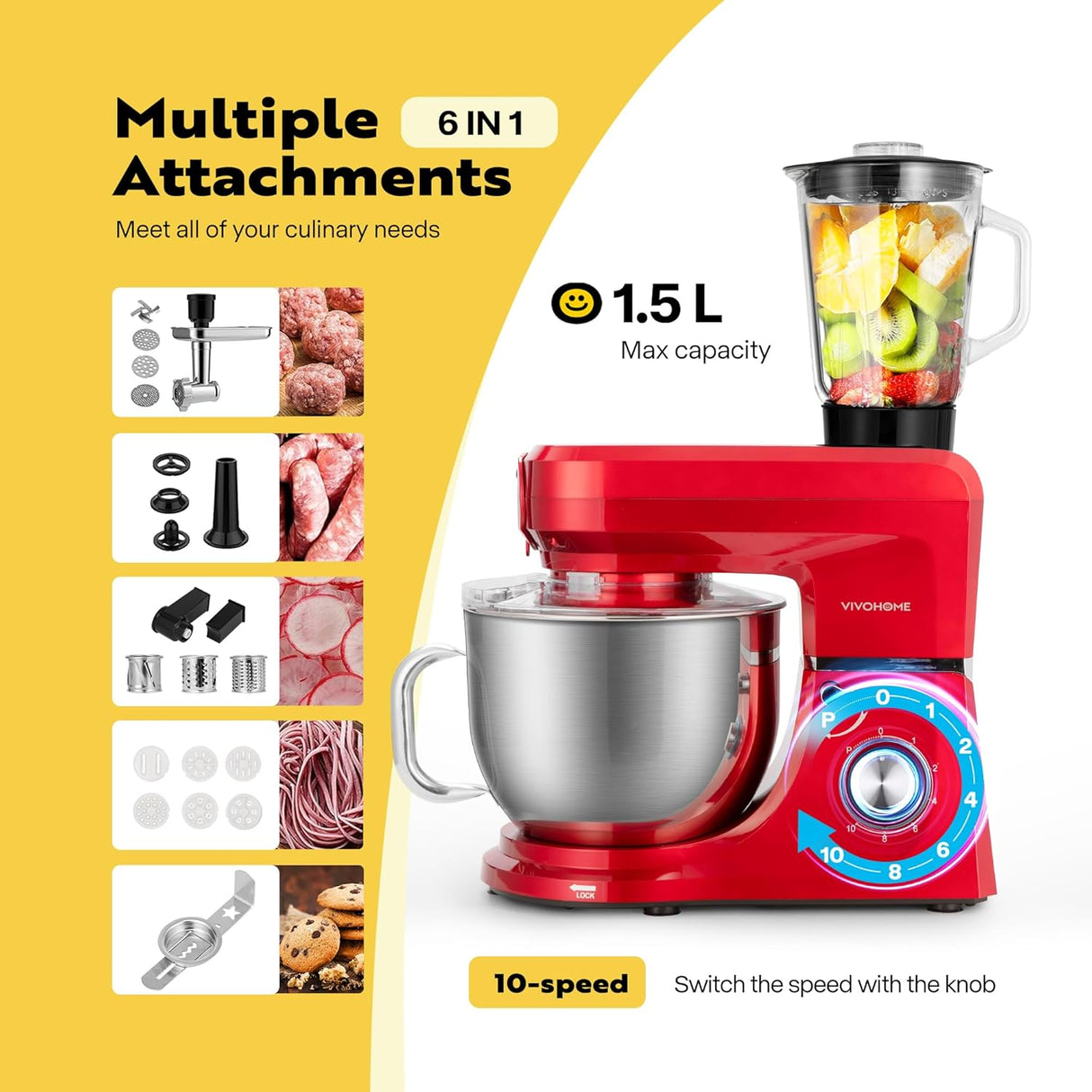 Batidora Multifuncional VIVOHOME 6 en 1 8.5QT 660W con Accesorios