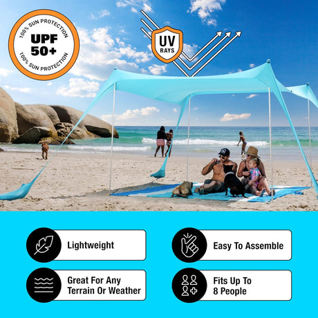 Tienda de playa con protección UPF50+, incluye accesorios