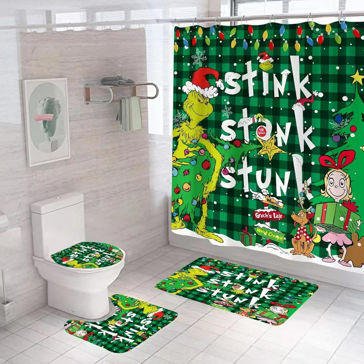 Juego de Cortina de Baño Navidad, incluye Alfombras y Ganchos