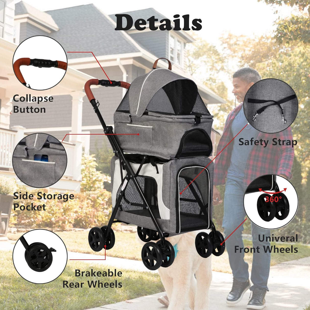 Carrito de mascotas 3 en 1, marca XYZ, portátil y plegable