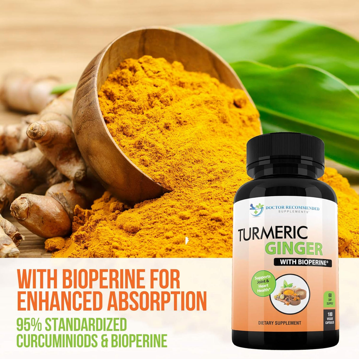 Cúrcuma con Jengibre y BioPerine, 95% Curcuminoides, Cápsulas Veganas