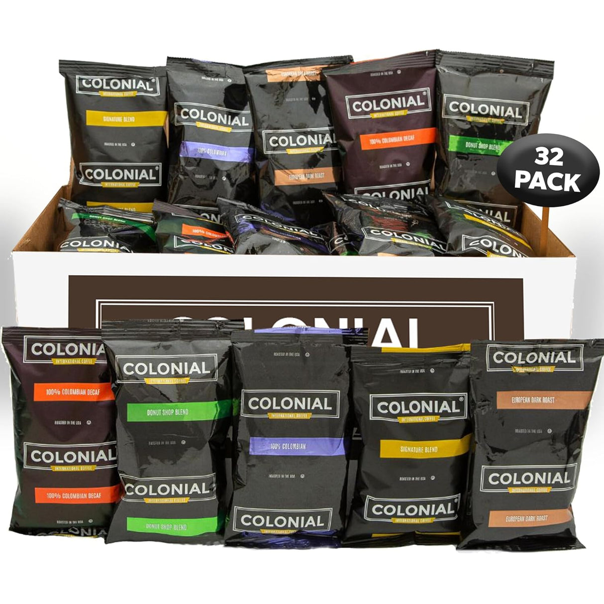 Paquete de café Colonial, variedad de tueste, 32 bolsas 2.5 oz.