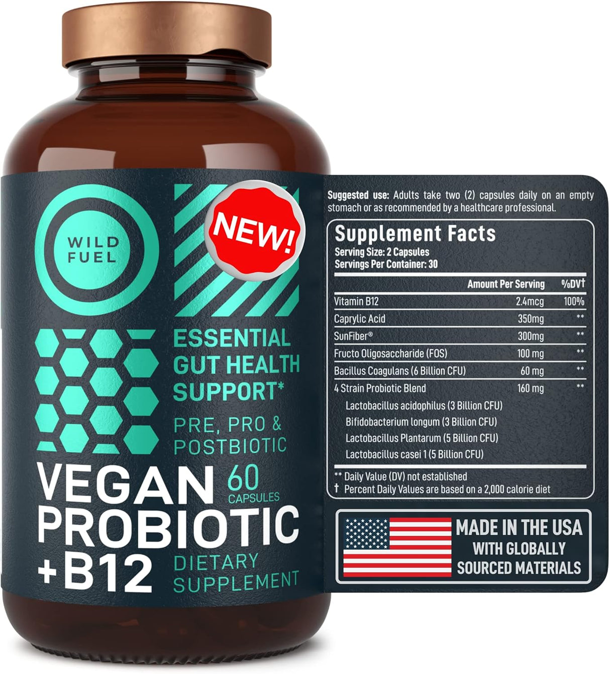 Vegan Probiotic Plus B12 - 22B CFU, Prebiotics, Digestión