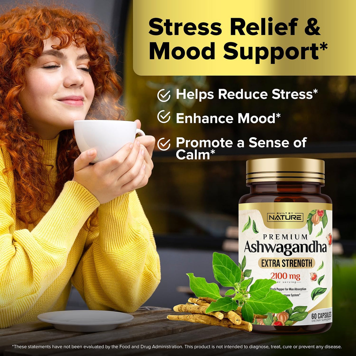 Suplemento de Ashwagandha 2100mg - Built by Nature - 60 cápsulas
