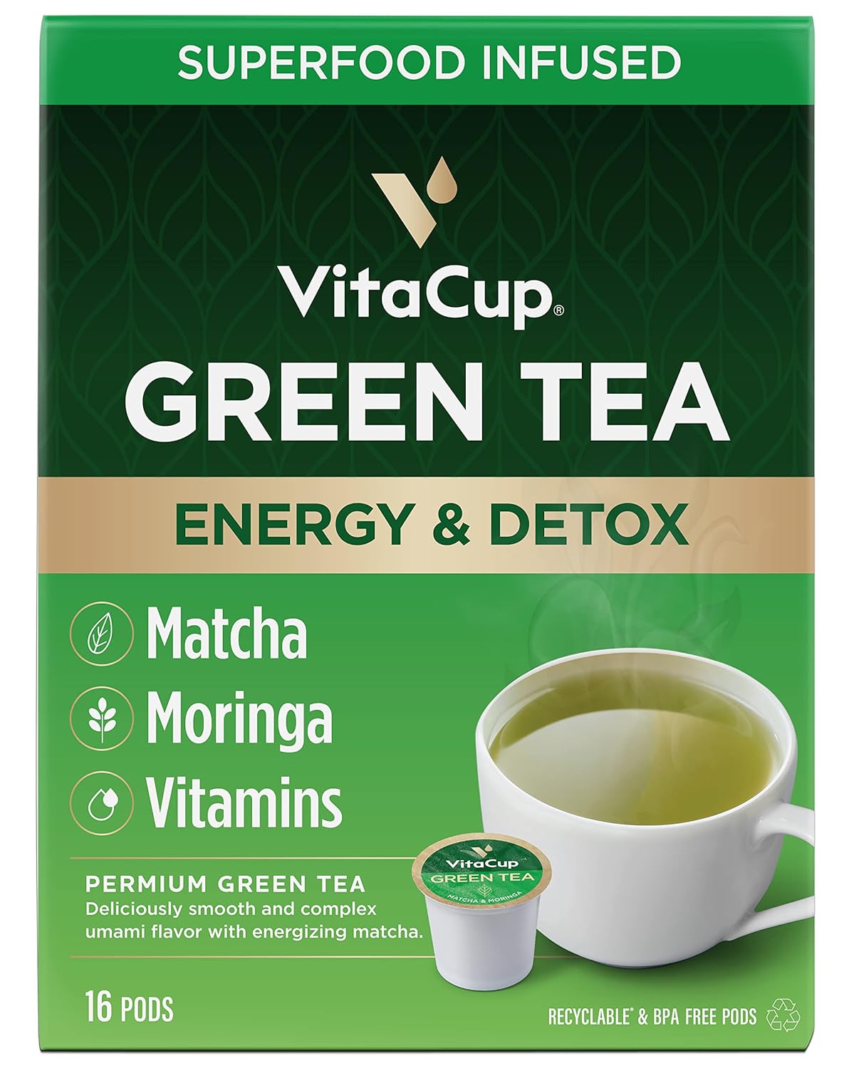 Cápsulas de Té Verde VitaCup, Energía y Detox, 16 Ct