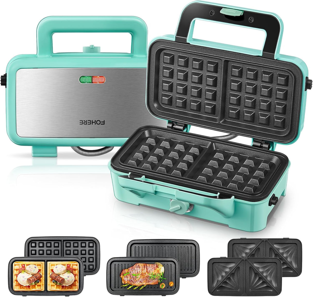 Waffle Maker 3 en 1 FOHERE, 1200W, Placas Desmontables, Control 5 Niveles