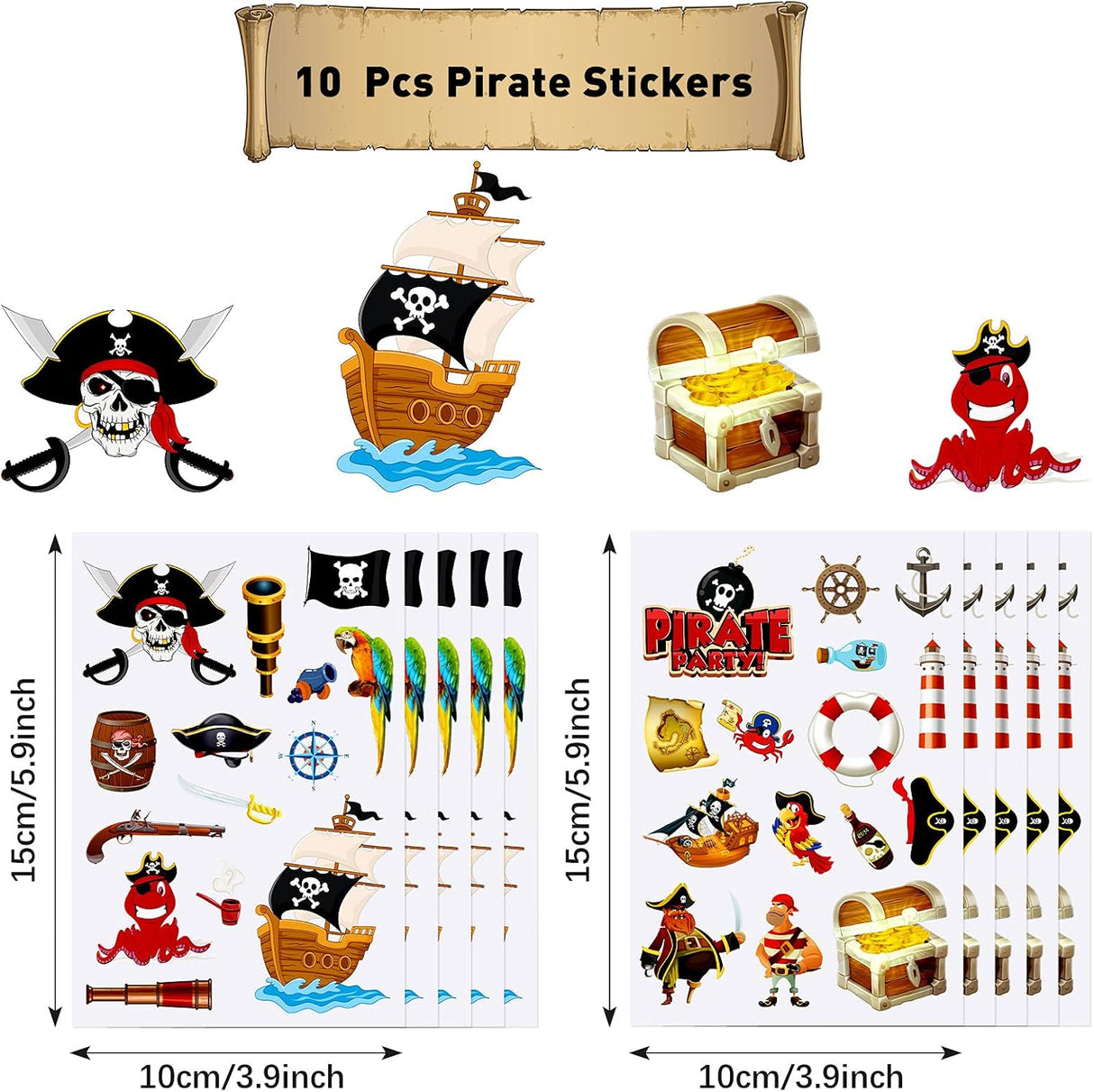 10 Hojas de Stickers de Piratas - Adhesivos para Fiestas