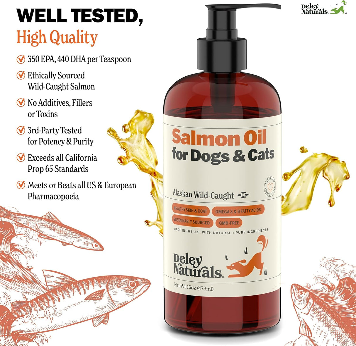 Deley Naturals Aceite de salmón capturado en la naturaleza de Alaska prémium para perros y gatos, suplemento de aceite de pescado rico en omega-3 para una piel, pelaje y articulaciones saludables, totalmente natural, de origen sostenible, 16 onzas