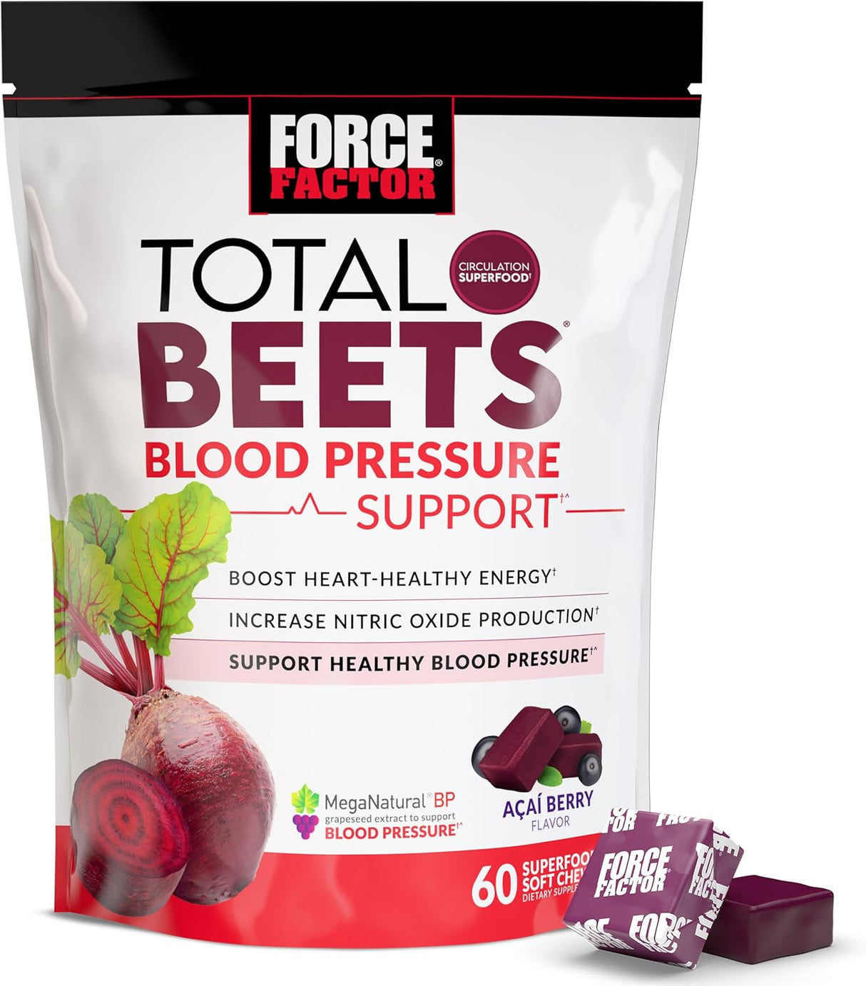 Force Factor Total Beets: Suplemento para presión y energía, 60 chicles