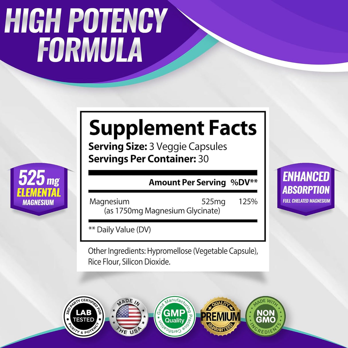 Magnesio Glicinato 525mg - Suplemento de Alta Absorción Vegan