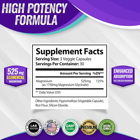 Magnesio Glicinato 525mg - Suplemento de Alta Absorción Vegan