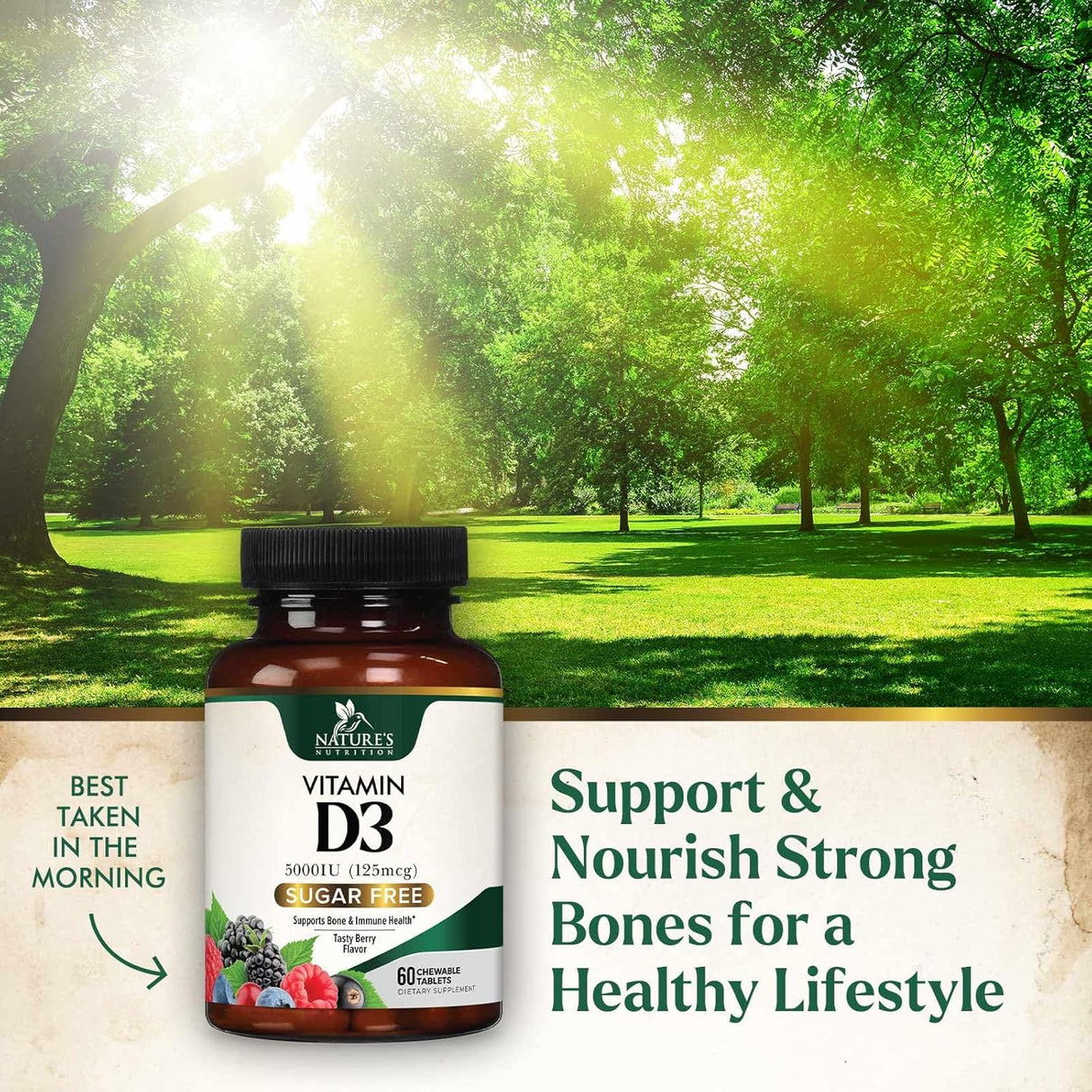 Suplemento de Vitamina D3 5000 IU, Nature's, 60 Tabletas Chewable