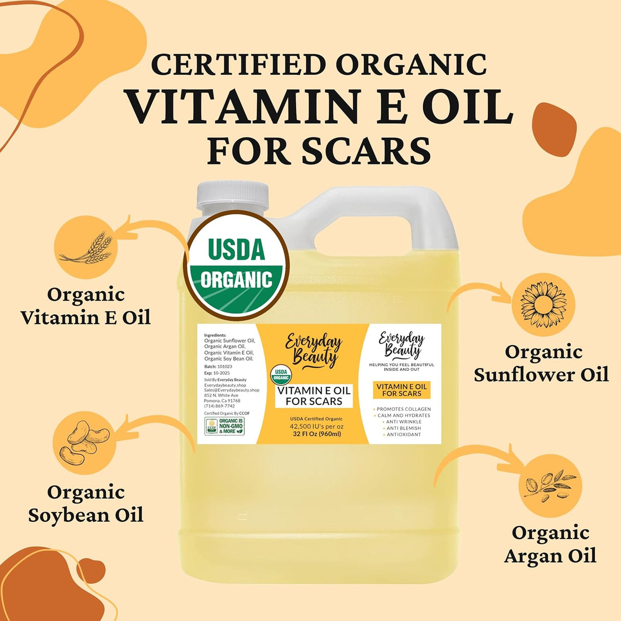 Aceite de Vitamina E Orgánica USDA Cert. Para Cicatrices y Piel