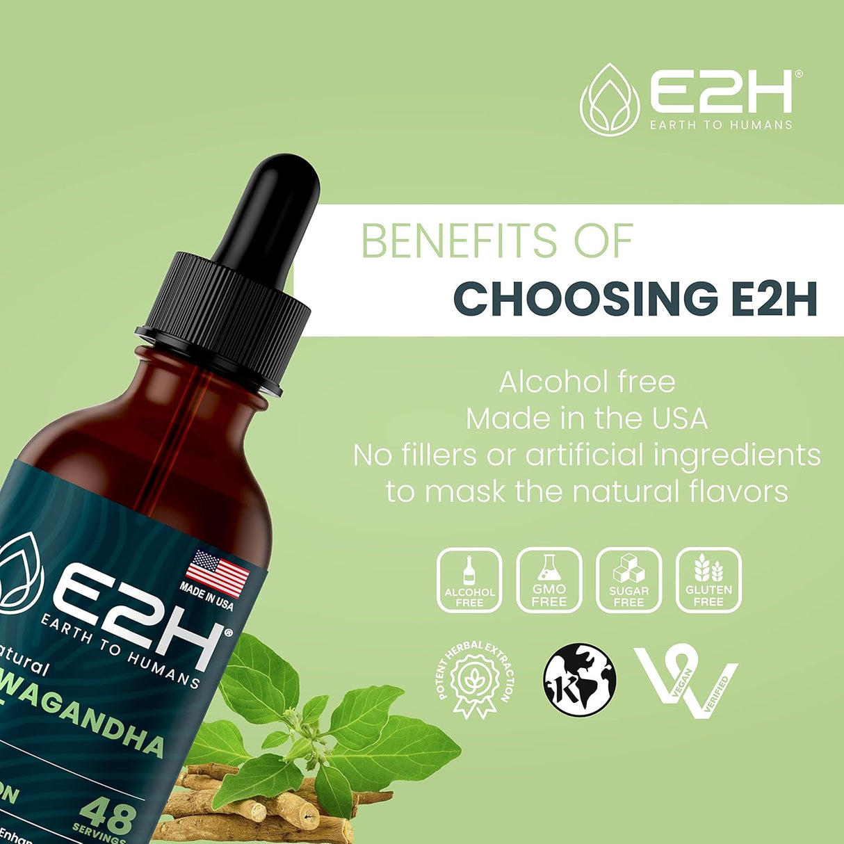 Gotas de Ashwagandha E2H - Suplemento Natural 2 Fl Oz