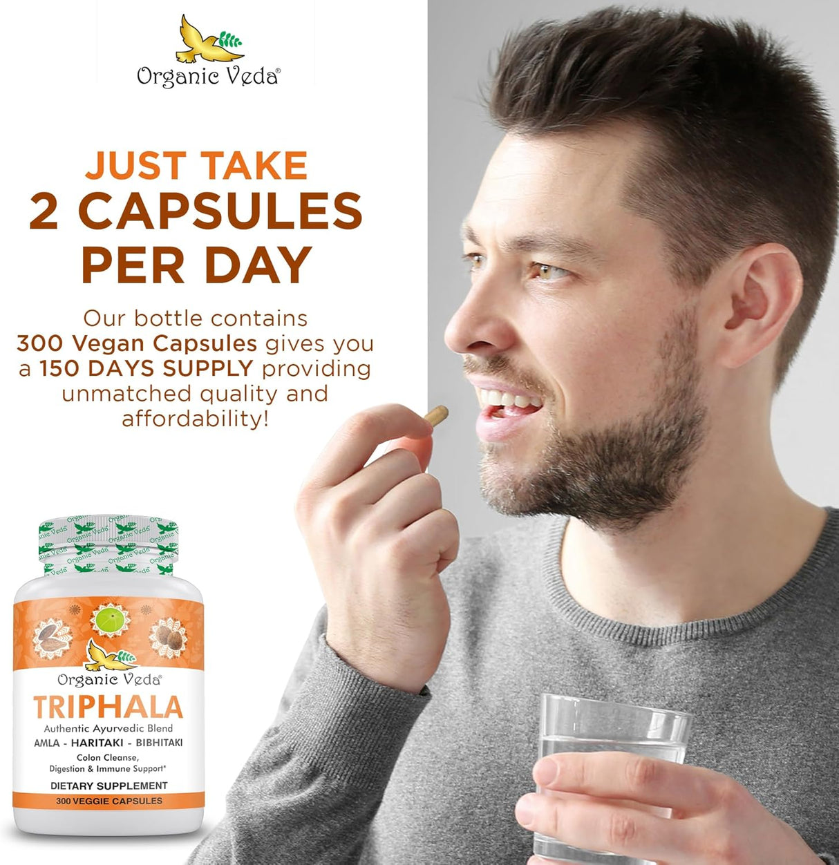 Polvo de Triphala Orgánico 300 Cápsulas - Organic Veda 1000mg