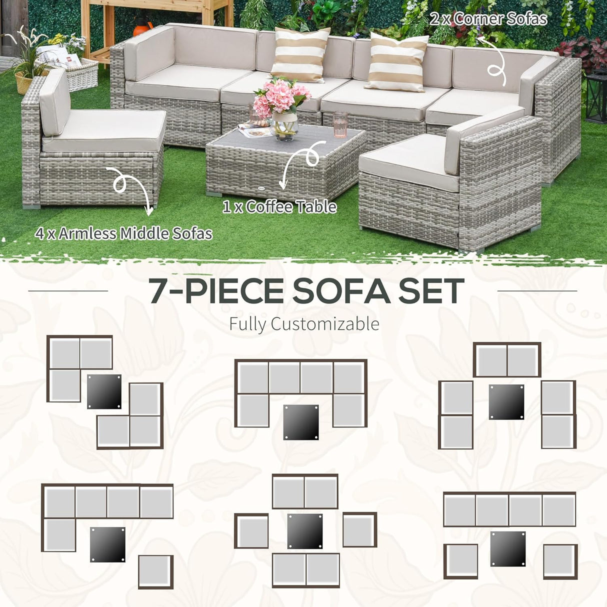 Outsunny Juego de muebles de patio de 7 piezas, juego de conversación de mimbre para exteriores, juego de sofá modular de ratán PE para todo tipo de clima, con cojines y mesa de madera sintética templada, almohadas a rayas, beige