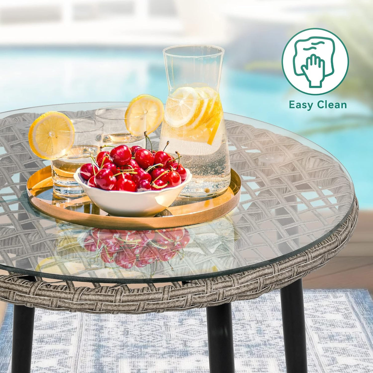 YITAHOME Juego de 3 muebles de mimbre para patio al aire libre, sillas de conversación de ratán para todo tipo de clima, para patio trasero, balcón y terraza con cojines suaves, mesa auxiliar de cristal, ratán gris