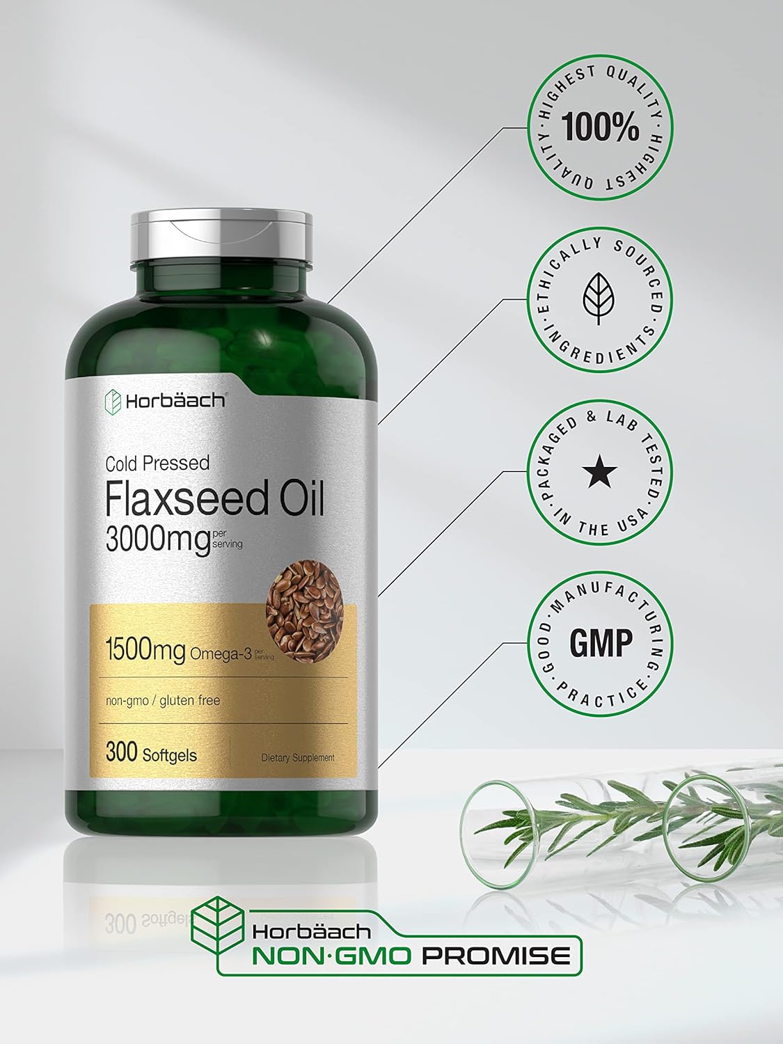 Cápsulas de aceite de linaza 3000mg Horbäach, Omega 3 6 9