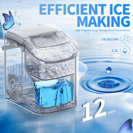 Máquina de Hielo Nugget, portátil, auto-limpieza, 34LBS/24H