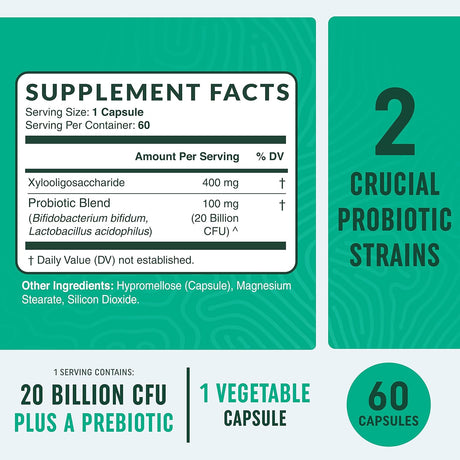 Cápsulas probióticas y prebióticas | Pre y Pro Biotics para la salud intestinal sinbiótica y alivio de la hinchazón para mujeres y hombres | Enzimas con probióticos para la salud digestiva | 20 mil millones de UFC | Vegetariano | 60 unidades