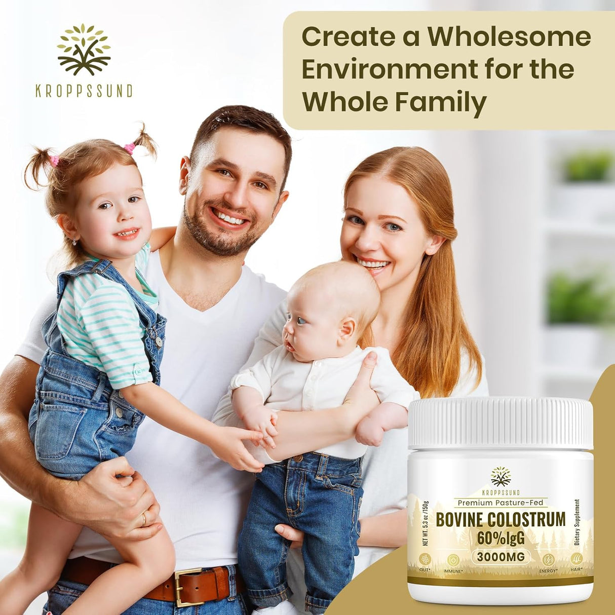 Suplemento de Calostro Bovino Kroppssund 3000 mg - 60% IgG