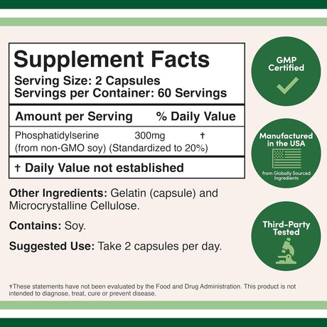 Suplemento de Fosfatidilserina 300mg, 120 Cápsulas