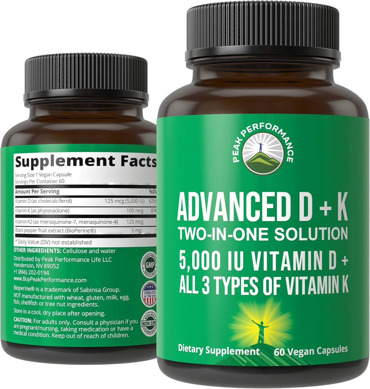 Suplemento de Vitamina D 5000 IU Peak Performance, K1, K2, MK7