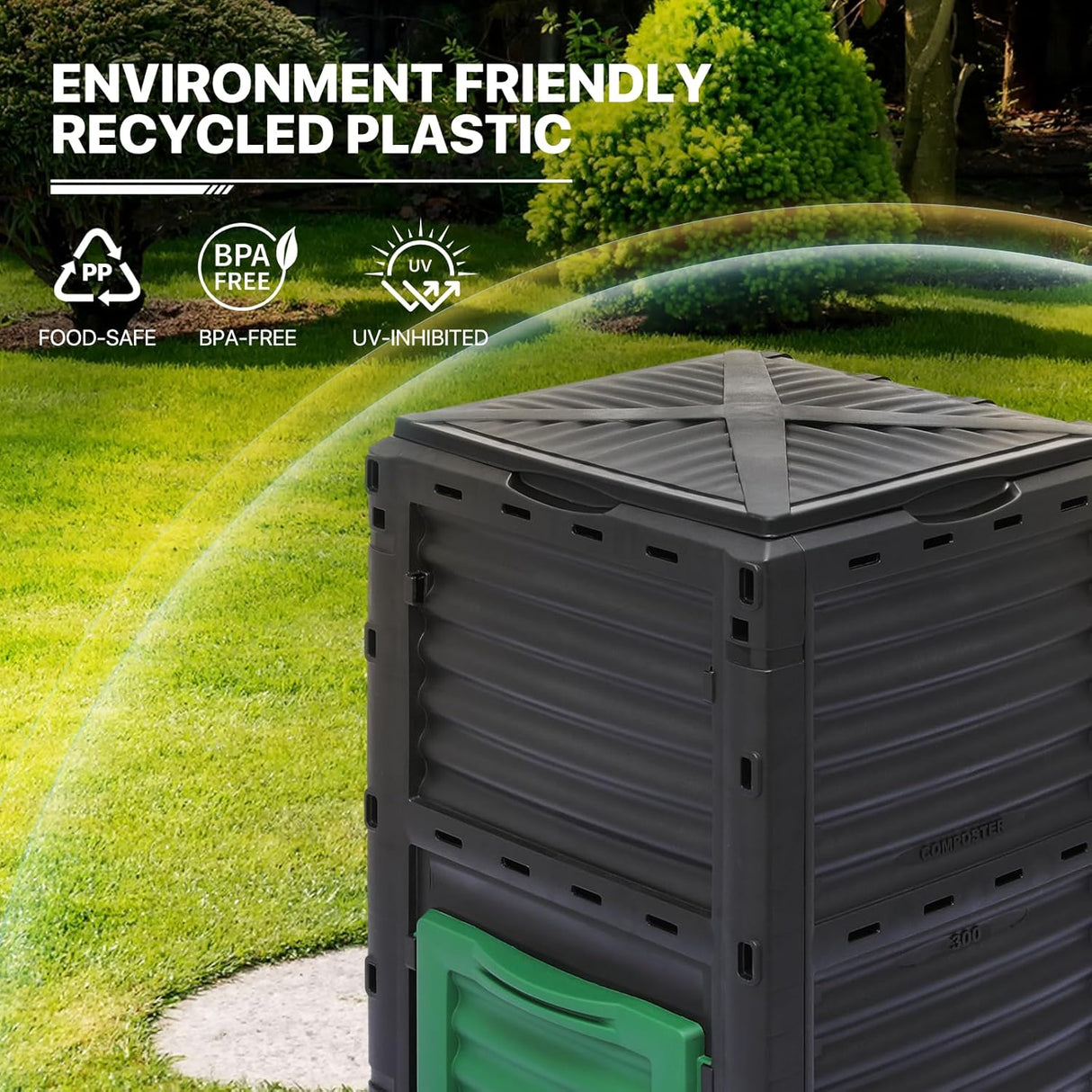 Compostador MoNiBloom 80 Gal, BPA Free, Rotatorio, Exterior