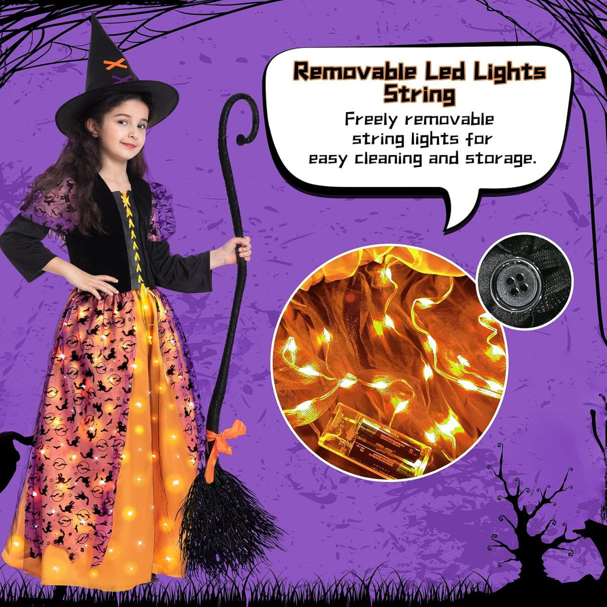 Disfraz de Bruja Poshetion, con Luz y Escoba, para Niñas