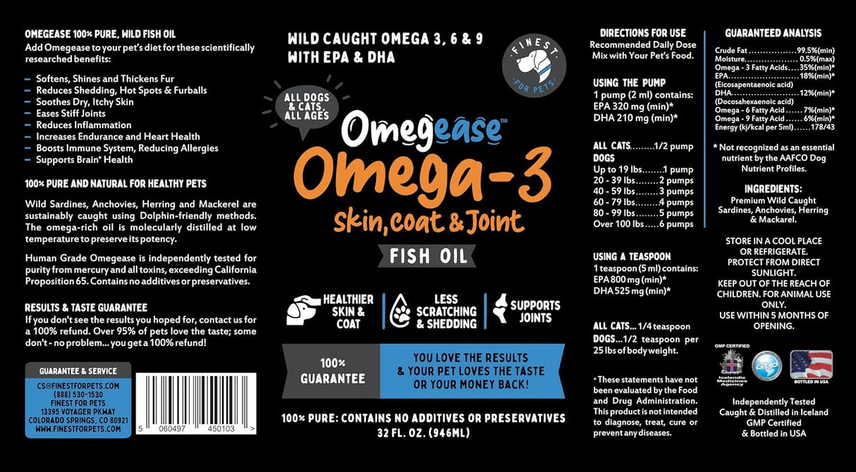 Aceite de pescado 100 % puro, con omega 3, 6 y 9 para perros y gatos, 32 onza